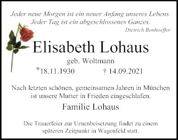 Traueranzeige von Elisabeth Lohaus von SYK