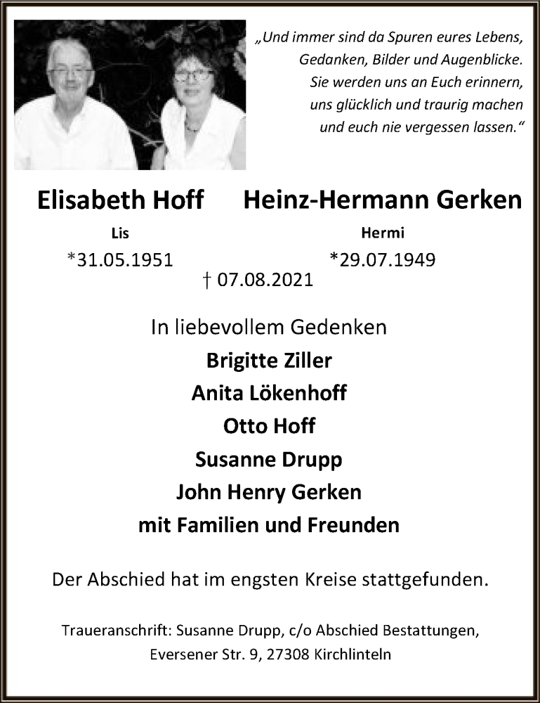 Traueranzeige für Elisabeth und Heinz-Hermann Hoff, Gerken vom 04.09.2021 aus SYK