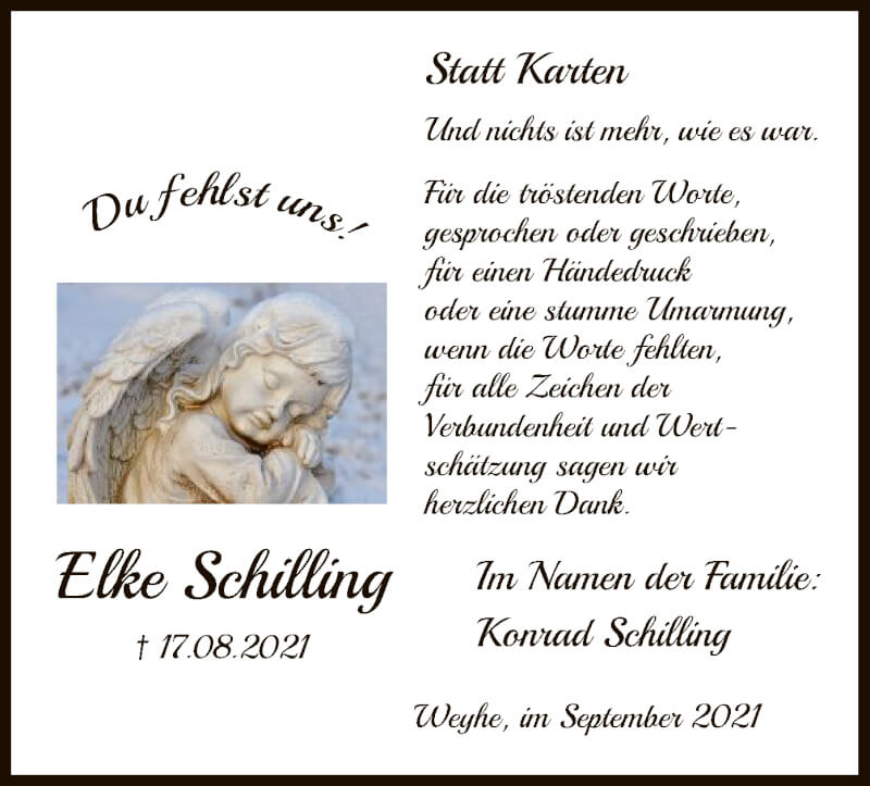  Traueranzeige für Elke Schilling vom 17.09.2021 aus SYK