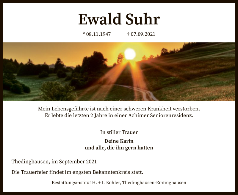  Traueranzeige für Ewald Suhr vom 11.09.2021 aus SYK