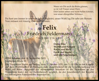 Traueranzeige von Felix Friedrich Feldermann von SYK