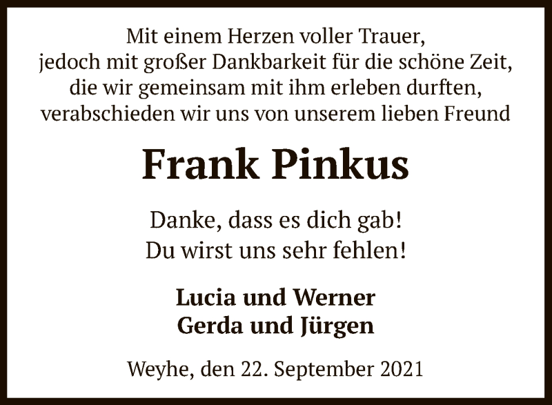  Traueranzeige für Frank Pinkus vom 22.09.2021 aus SYK