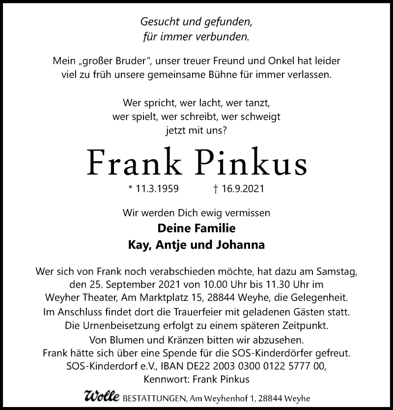  Traueranzeige für Frank Pinkus vom 22.09.2021 aus SYK