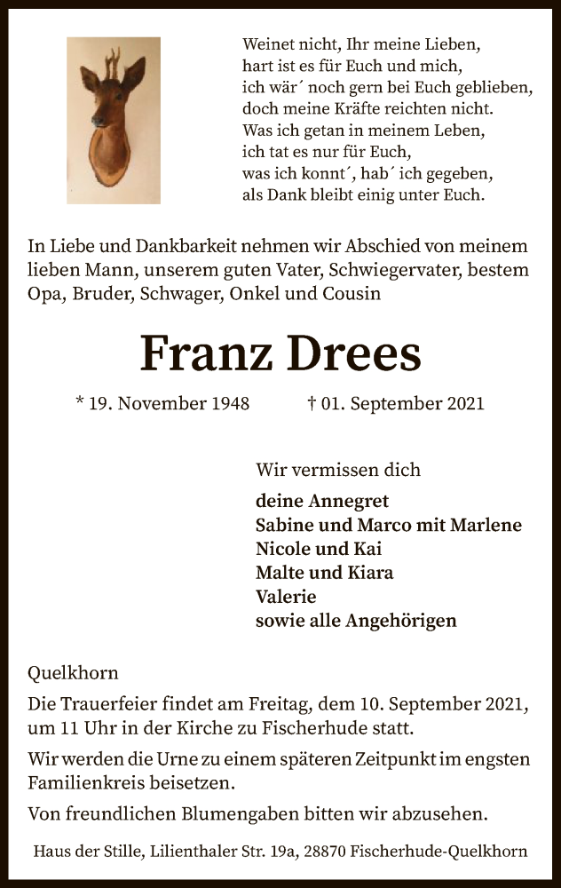  Traueranzeige für Franz Drees vom 07.09.2021 aus SYK