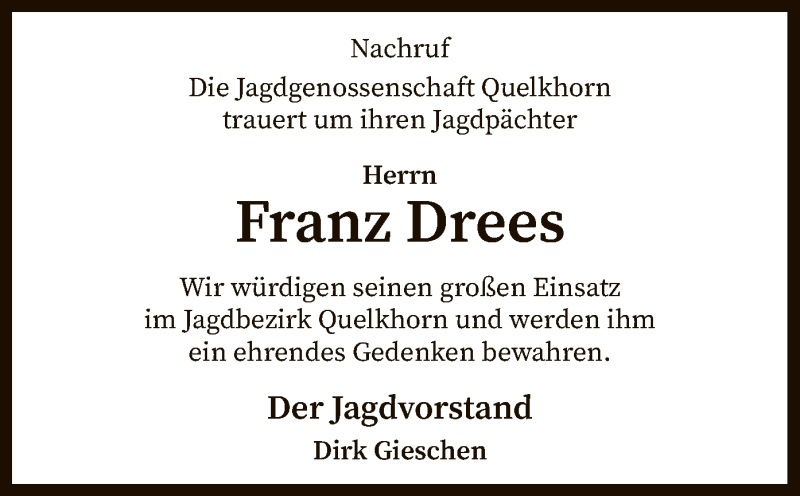  Traueranzeige für Franz Drees vom 07.09.2021 aus SYK