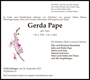 Traueranzeige von Gerda Pape von SYK