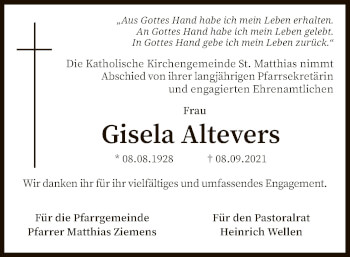 Traueranzeige von Gisela Altevers von SYK