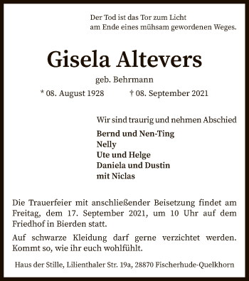 Traueranzeige von Gisela Altevers von SYK