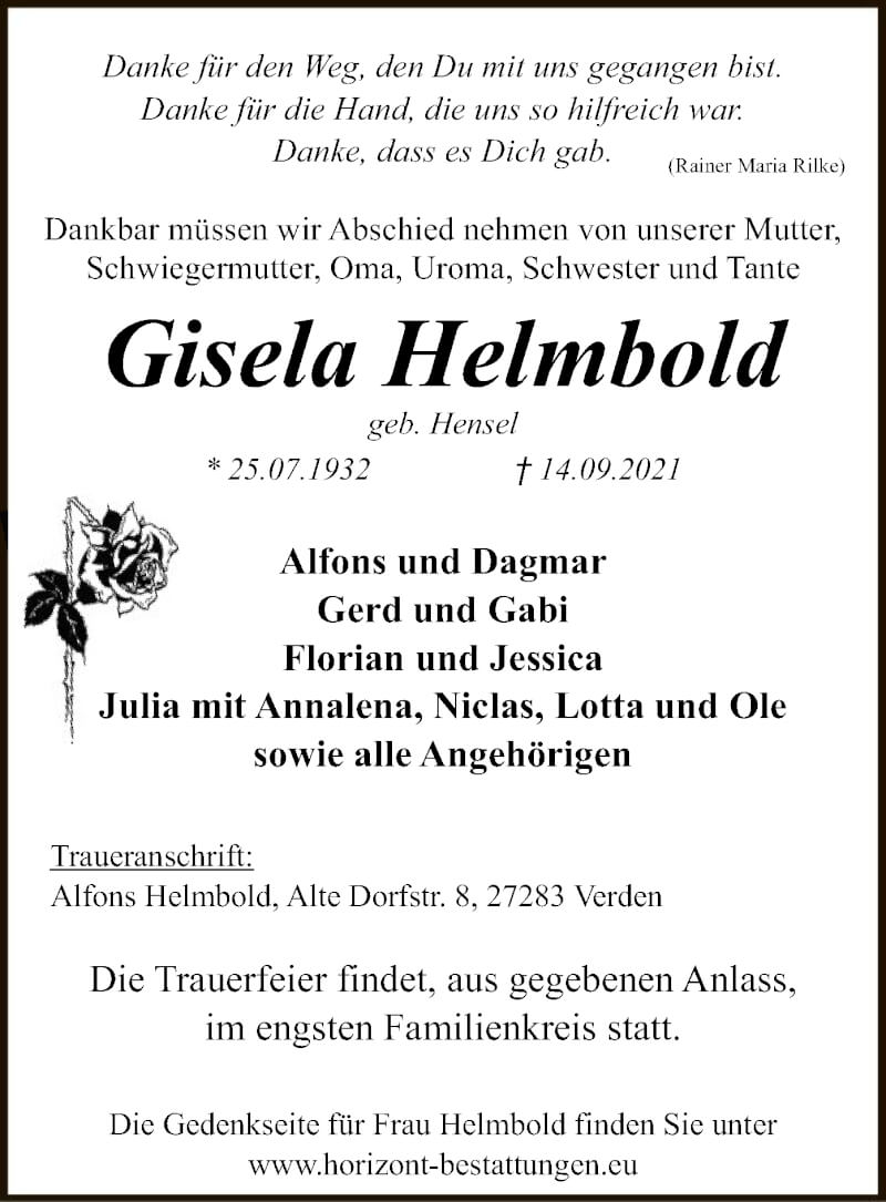  Traueranzeige für Gisela Helmbold vom 18.09.2021 aus SYK
