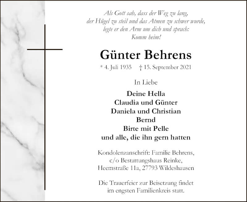  Traueranzeige für Günter Behrens vom 18.09.2021 aus SYK