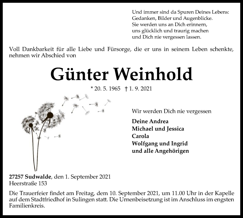  Traueranzeige für Günter Weinhold vom 07.09.2021 aus SYK