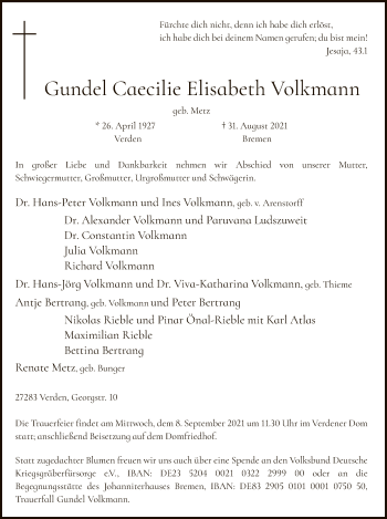 Traueranzeige von Gundel Caecilie Elisabeth Volkmann von SYK