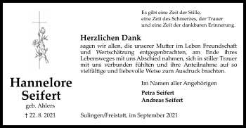Traueranzeige von Hannelore Seifert von SYK