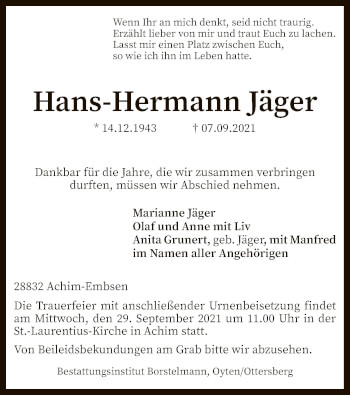 Traueranzeige von Hans-Hermann Jäger von SYK