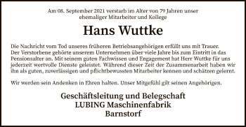 Traueranzeige von Hans Wuttke von SYK