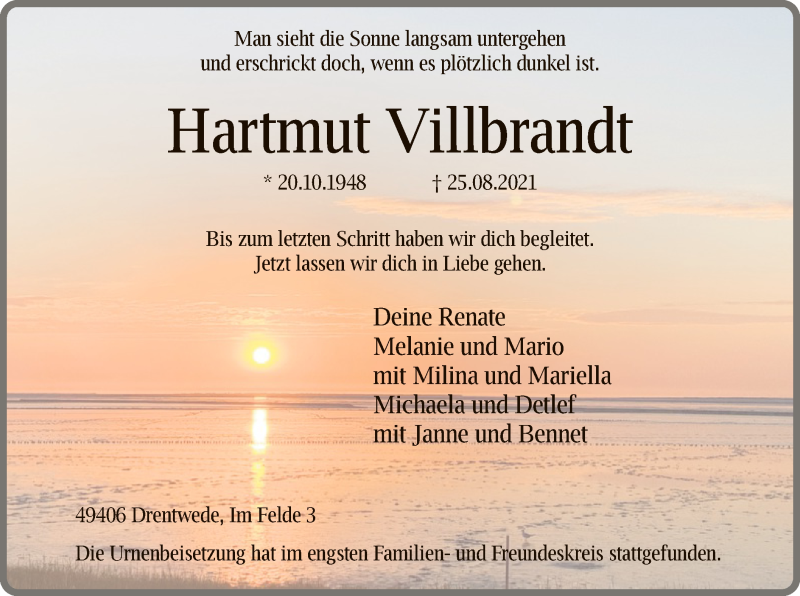  Traueranzeige für Hartmut Villbrandt vom 04.09.2021 aus SYK