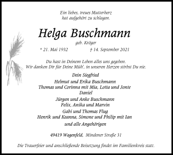 Traueranzeige von Helga Buschmann von SYK