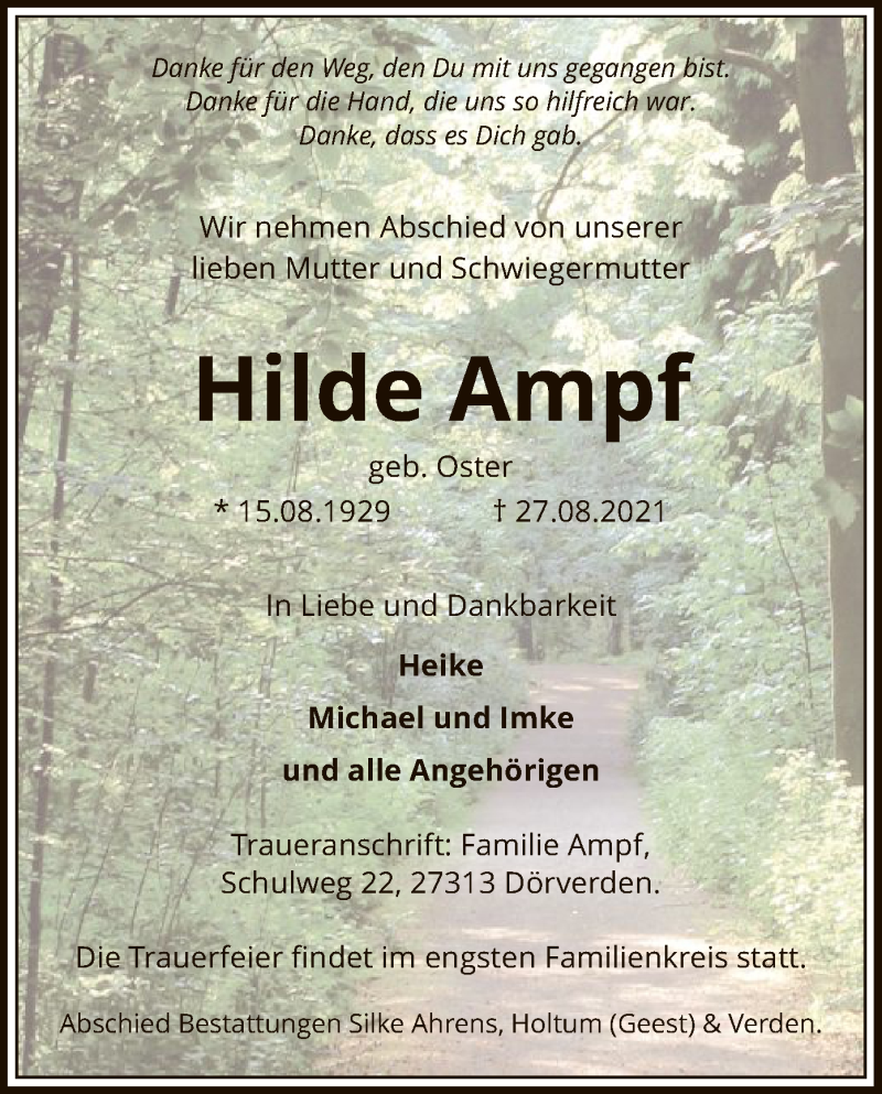  Traueranzeige für Hilde Ampf vom 03.09.2021 aus SYK