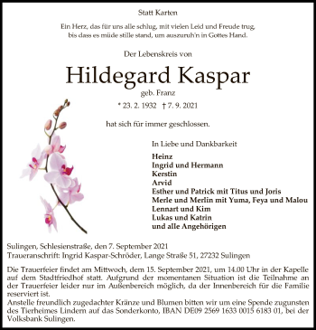 Traueranzeige von Hildegard Kaspar von SYK