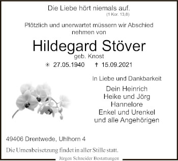 Traueranzeige von Hildegard Stöver von SYK