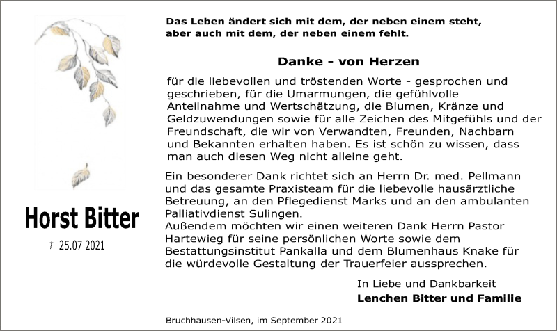  Traueranzeige für Horst Bitter vom 04.09.2021 aus SYK
