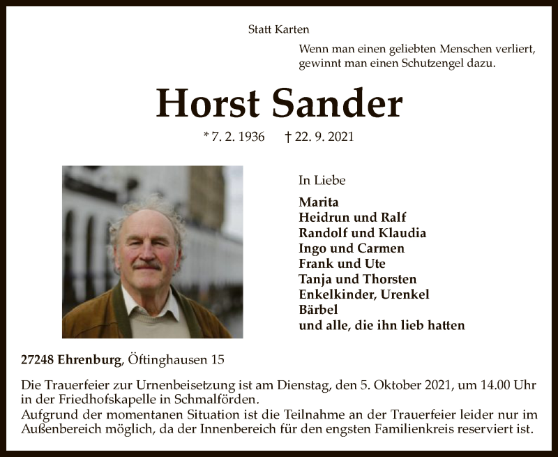  Traueranzeige für Horst Sander vom 25.09.2021 aus SYK