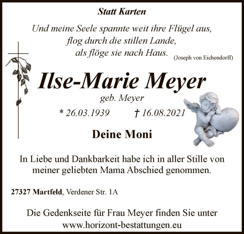  Traueranzeige für Ilse-Marie Meyer vom 04.09.2021 aus SYK