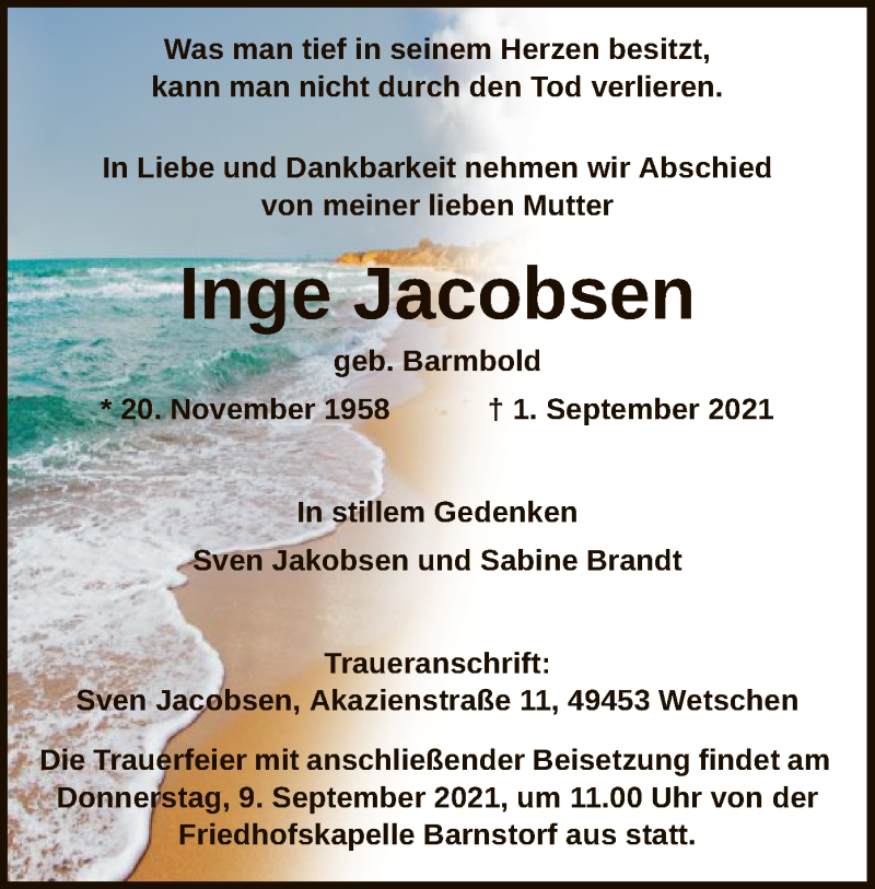  Traueranzeige für Inge Jacobsen vom 04.09.2021 aus SYK