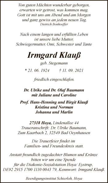 Traueranzeige von Irmgard Klauß von SYK