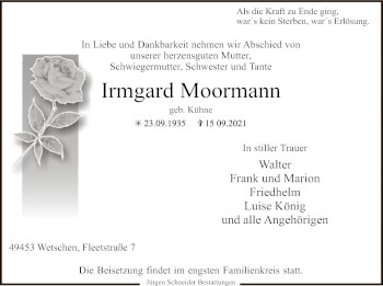 Traueranzeige von Irmgard Moormann von SYK