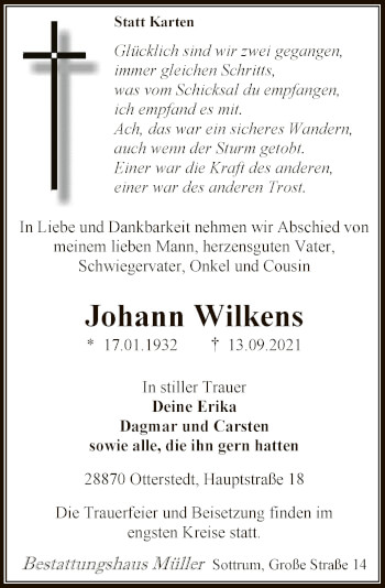 Traueranzeige von Johann Wilkens von SYK