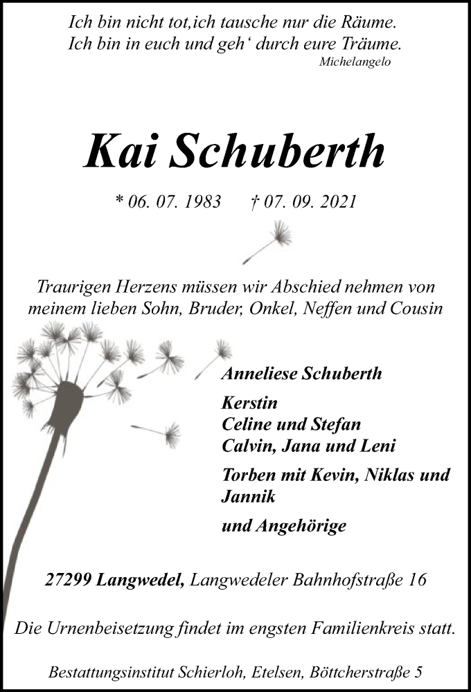  Traueranzeige für Kai Schuberth vom 11.09.2021 aus SYK