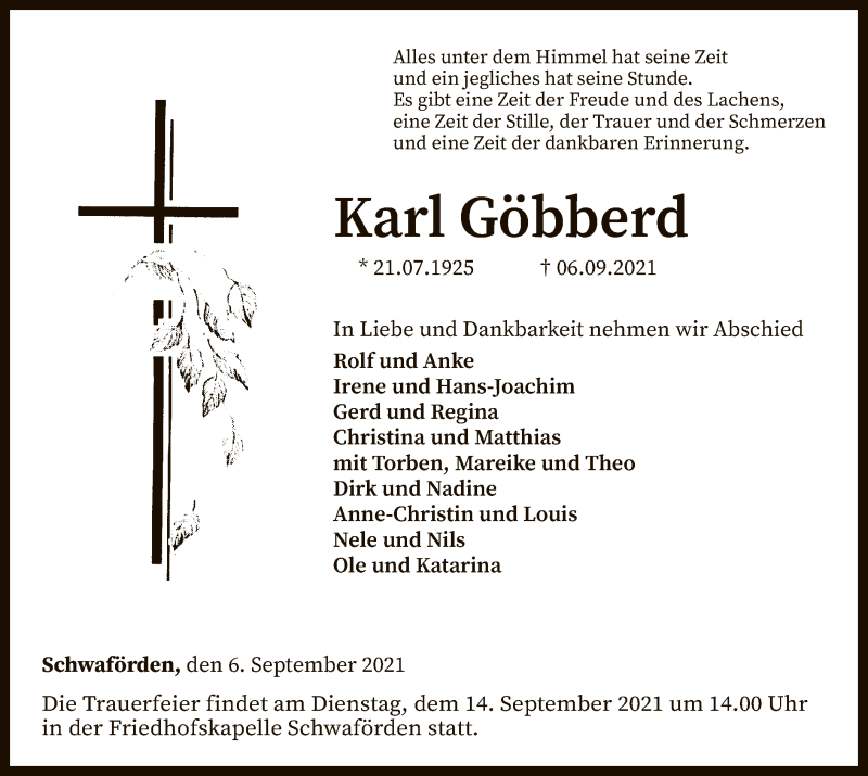  Traueranzeige für Karl Göbberd vom 08.09.2021 aus SYK