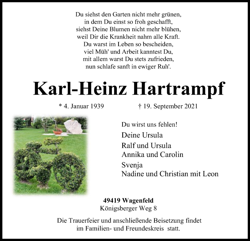  Traueranzeige für Karl-Heinz Hartrampf vom 21.09.2021 aus SYK