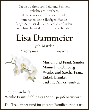 Traueranzeige von Lisa Dammeier von SYK