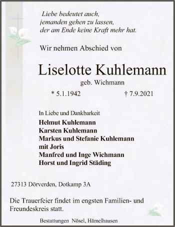 Traueranzeige von Liselotte Kuhlemann von SYK