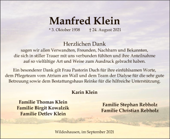 Traueranzeige von Manfred Klein von SYK