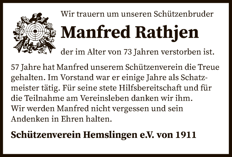  Traueranzeige für Manfred Rathjen vom 21.09.2021 aus SYK