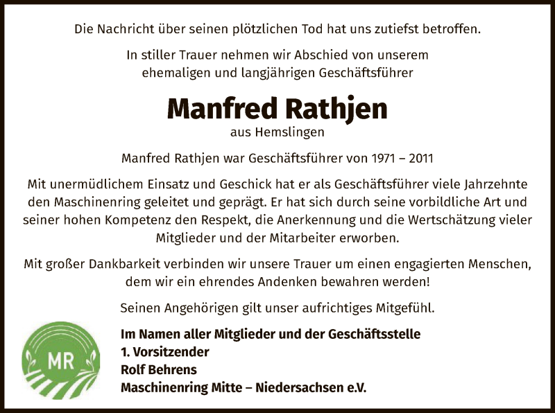  Traueranzeige für Manfred Rathjen vom 22.09.2021 aus SYK