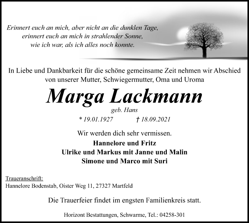  Traueranzeige für Marga Lackmann vom 23.09.2021 aus SYK