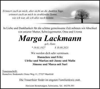 Traueranzeige von Marga Lackmann von SYK