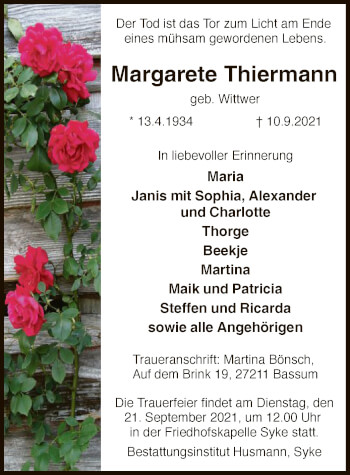Traueranzeige von Margarete Thiermann