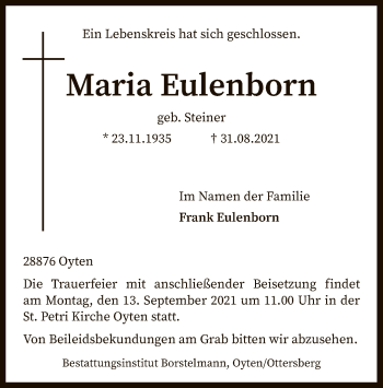 Traueranzeige von Maria Eulenborn von SYK