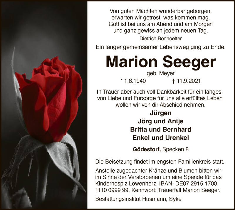  Traueranzeige für Marion Seeger vom 15.09.2021 aus SYK