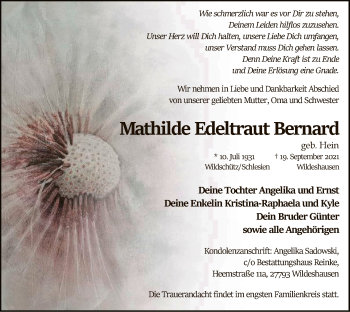 Traueranzeige von Mathilde Edeltraut Bernard von SYK