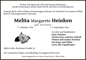 Traueranzeige von Melita Margarete Heinken von SYK