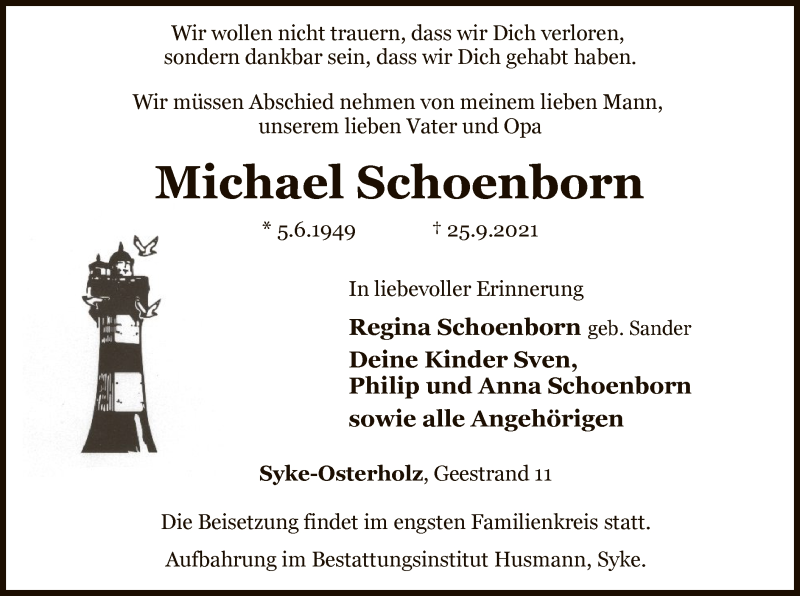 Traueranzeige für Michael Schoenborn vom 29.09.2021 aus SYK