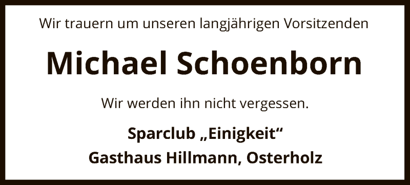  Traueranzeige für Michael Schoenborn vom 30.09.2021 aus SYK