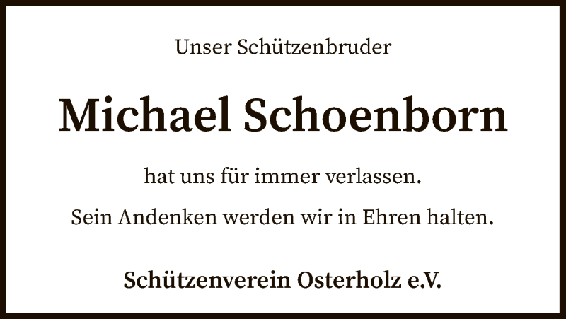 Traueranzeige für Michael Schoenborn vom 29.09.2021 aus SYK