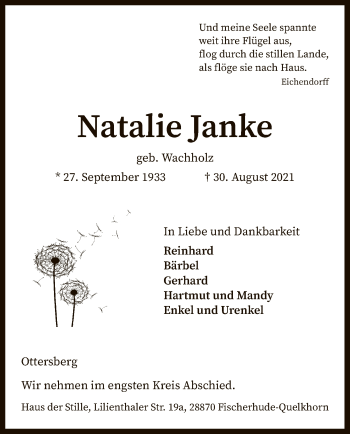 Traueranzeige von Natalie Janke von SYK